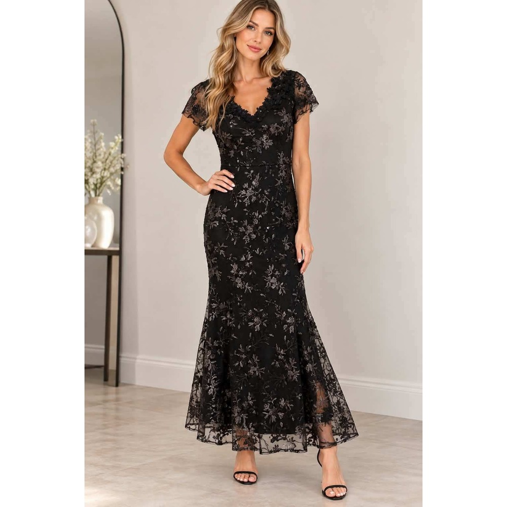 Black Sequin Floral Lace Maxi Dress Evening Gown Mermaid Formal V Neck